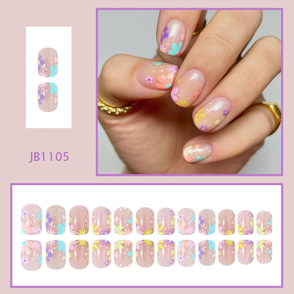 Floral Short Square Press on Nails Soft Nude Base Pastel Pink Purple Blue Yellow Floral Accents Glossy Finish Reusable Spring Nails Easy Apply Party Wear Durable Trendy Women Girls Nail Art 24 Pcs