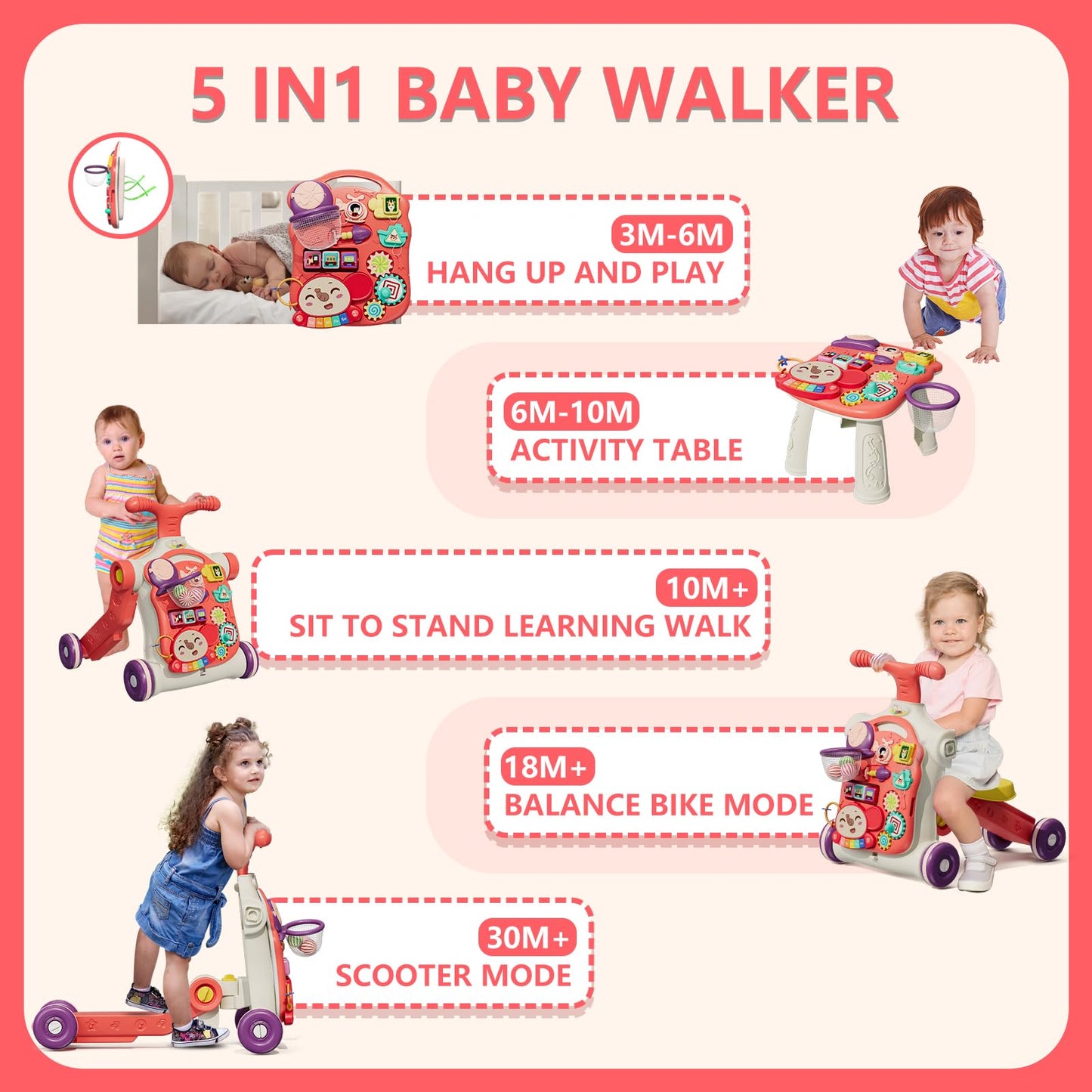 HYES Upgraded 5 in 1 Baby Walker and Activity Center for Baby Girl, Learning to Walk, Sit to Stand, Early Learning Push Toys for Infant 12 Months, Walking Toys Gift for Toddler Girls, Red