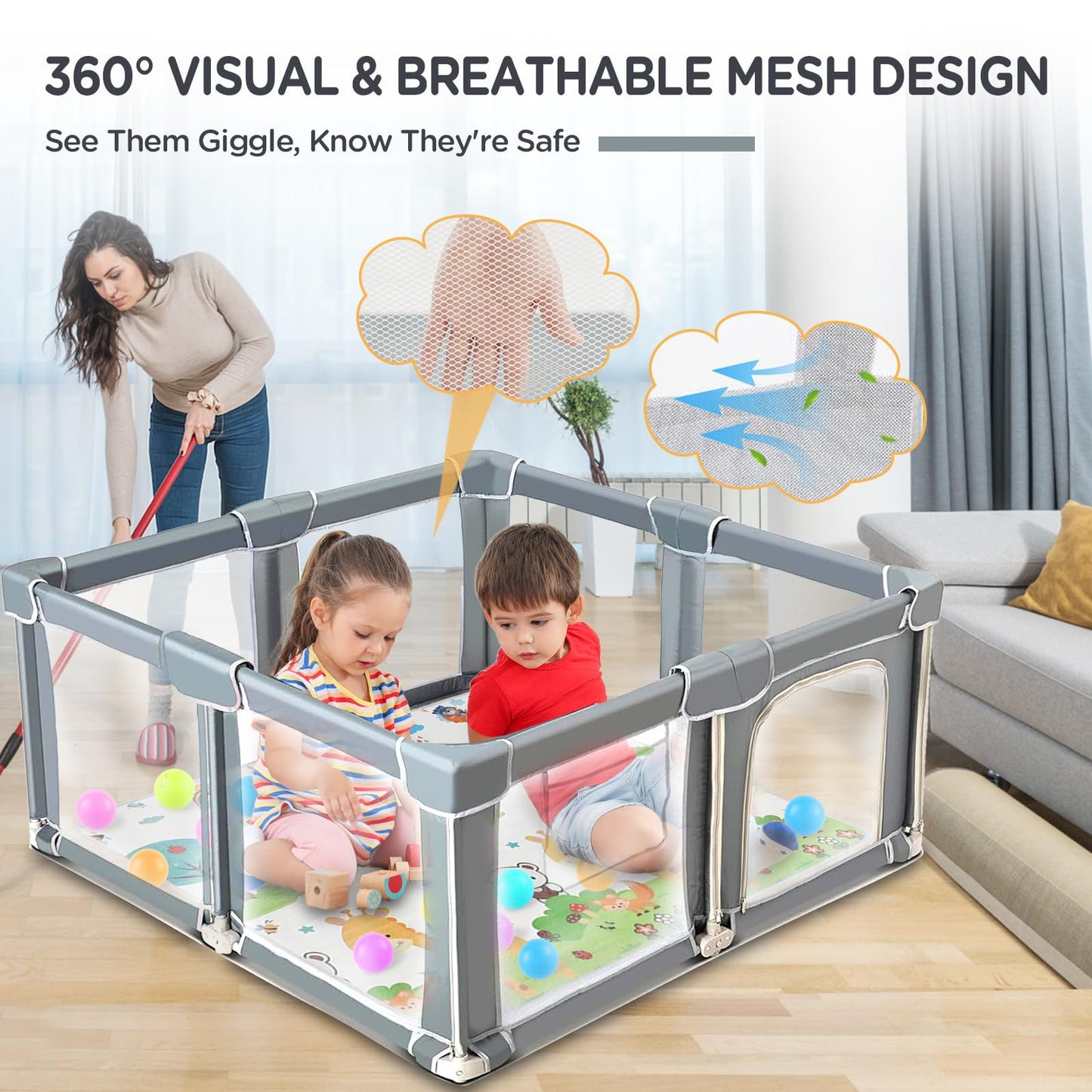 CAPAKIDS Foldable Baby Playpen 59"×71" with Mat, Out-of-The-Box Ready Playpen for Babies and Toddlers, Portable Play Yard with Breathable Mesh & Gates, Storage Bag & 4 Handlers for Indoor & Outdoor