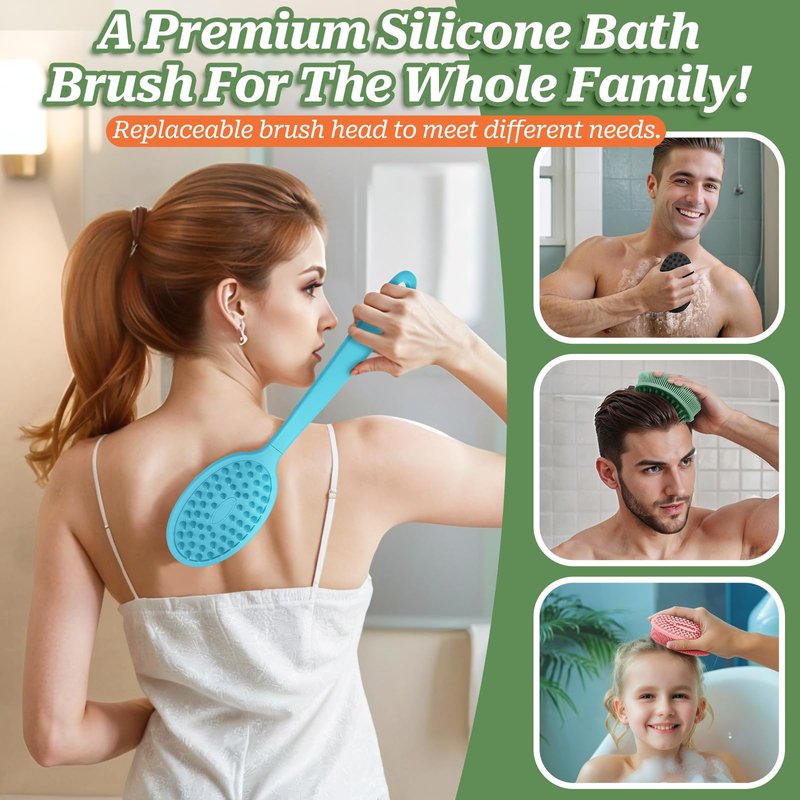 GEENOA Back Scrubber for Shower, Gentle Silicone Body Scrubber, Soft Silicone Loofah with Handle, Back Brush Bath Brush with Detachable Brush Head.