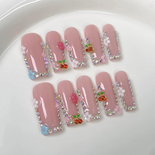 Qicaijia 10Pcs (Size M) Long Square Handmade Press On Nails - Pink Glossy Acrylic Fake Nails with 3D Cherry Rhinestones for Women’s Manicure