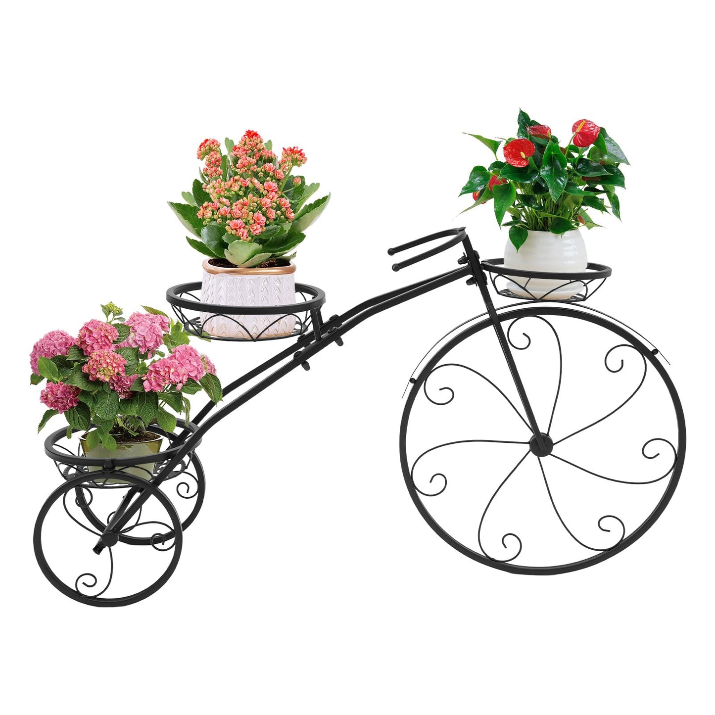 CCXYYFDJ Tricycle Plant Stand, Metal Bicycle Planter with 3 Plant Baskets, 66Lbs Capacity Detachable Bike Flower Pot Cart Holder for Patio Deck Garden Lawn Decorative