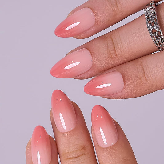 CurvLife 30pcs Press on Nails, Acrylic Fake Nail with Apricot Design, Full Cover False Nails Tips Glossy Nude Glue on Nails Artificial Stick on Nails for Women (gradient nails, Medium)
