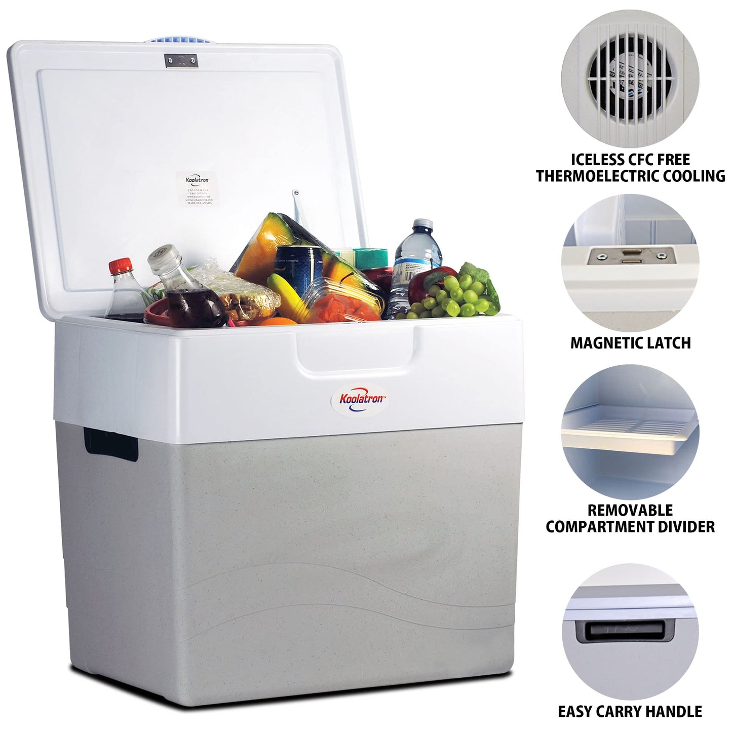 Koolatron Thermoelectric Iceless 12V Cooler Warmer 49 qt (52 L), Electric Portable Car Fridge w/ 12 Volt DC Power Cord, Gray/White, Travel Road Trips Camping Fishing Trucking, Made in North America