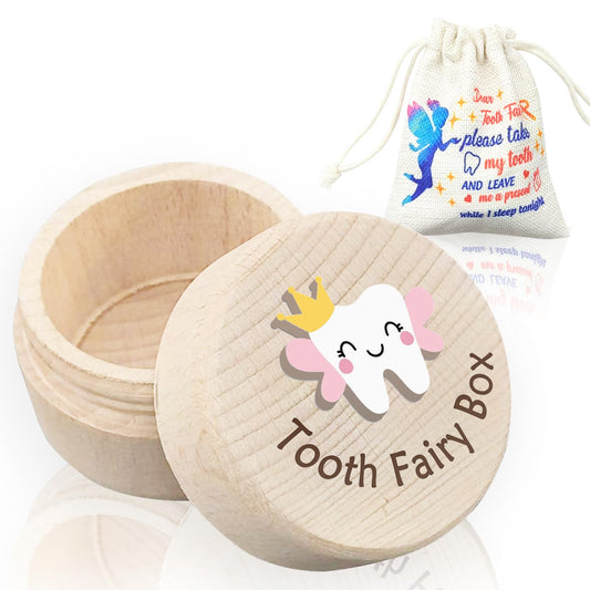 Azbuk Tooth Fairy Box for Girls with Fiary Bag, Cute Carved Wooden Box with 3D Tooth, Stores Lost Teeth for Kids, Souvenir Dropped Tooth Keepsake Storage Box Gift for Little Girl