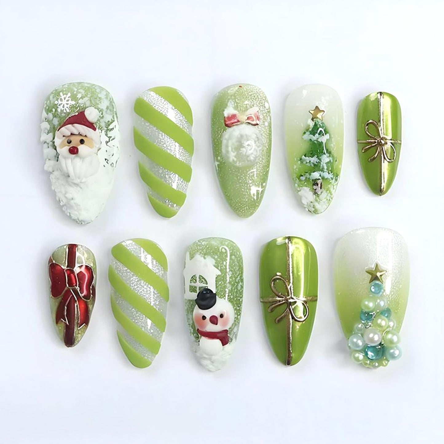 Cute Christmas Press on Nails Medium Almond Fake Nails 3D Star Rhinestones Pearls Xmas Tree Charms Design False Nails Santa Claus Snowman Stick on Nails Silver Glitter Full Cover Nail for Women 30Pcs