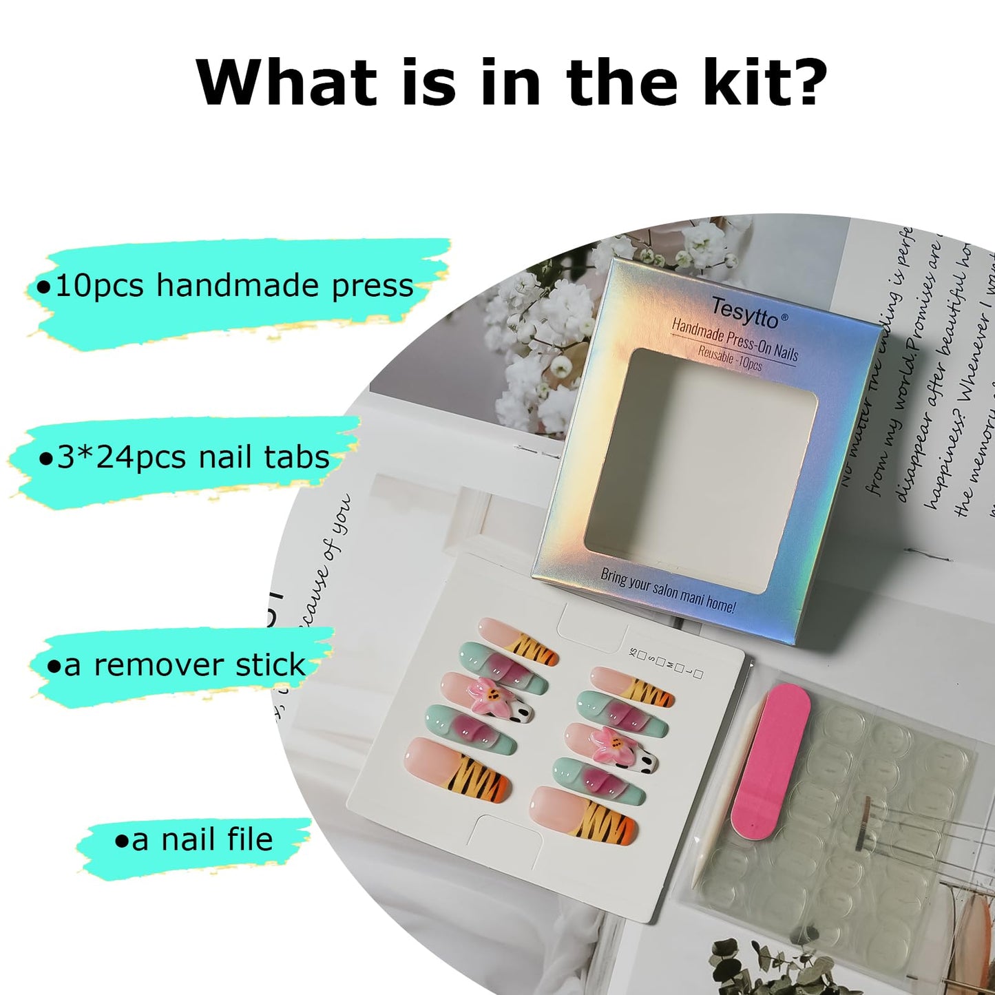 Tesytto Handmade Press on Nails Long Coffin Muti-Layer Gel Fake Nails - 3D Lotus Flowers & Tiger Print, French Tip Glossy Thick Acrylic Nails (Playful Zebra with Lotus,S)