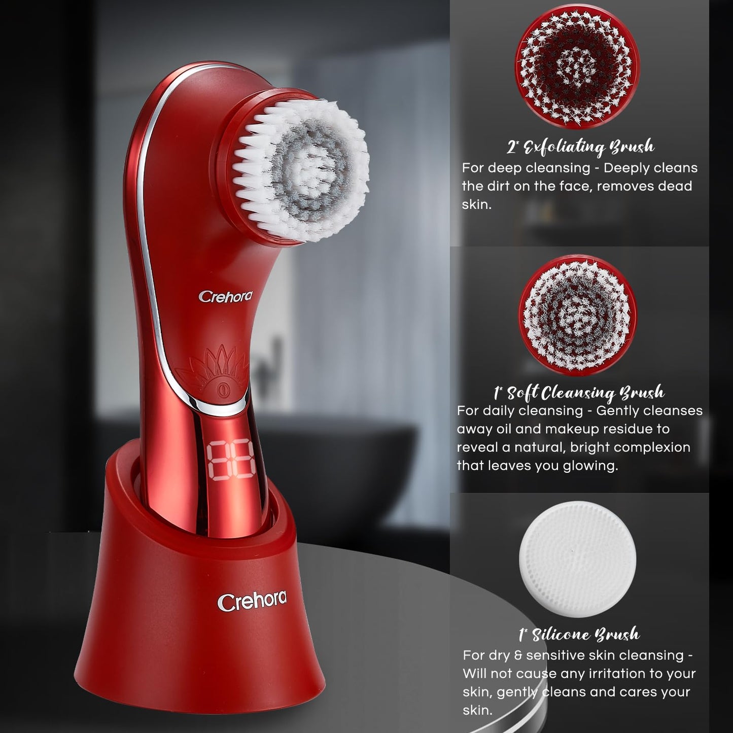 Facial Cleansing Brush, Electric Face Scrubber, Facial Cleansing Brush Rechargeable IPX-7 Waterproof Rotating Face Scrubber for Exfoliating, Massaging and Deep Cleansing with 4 Brush Heads