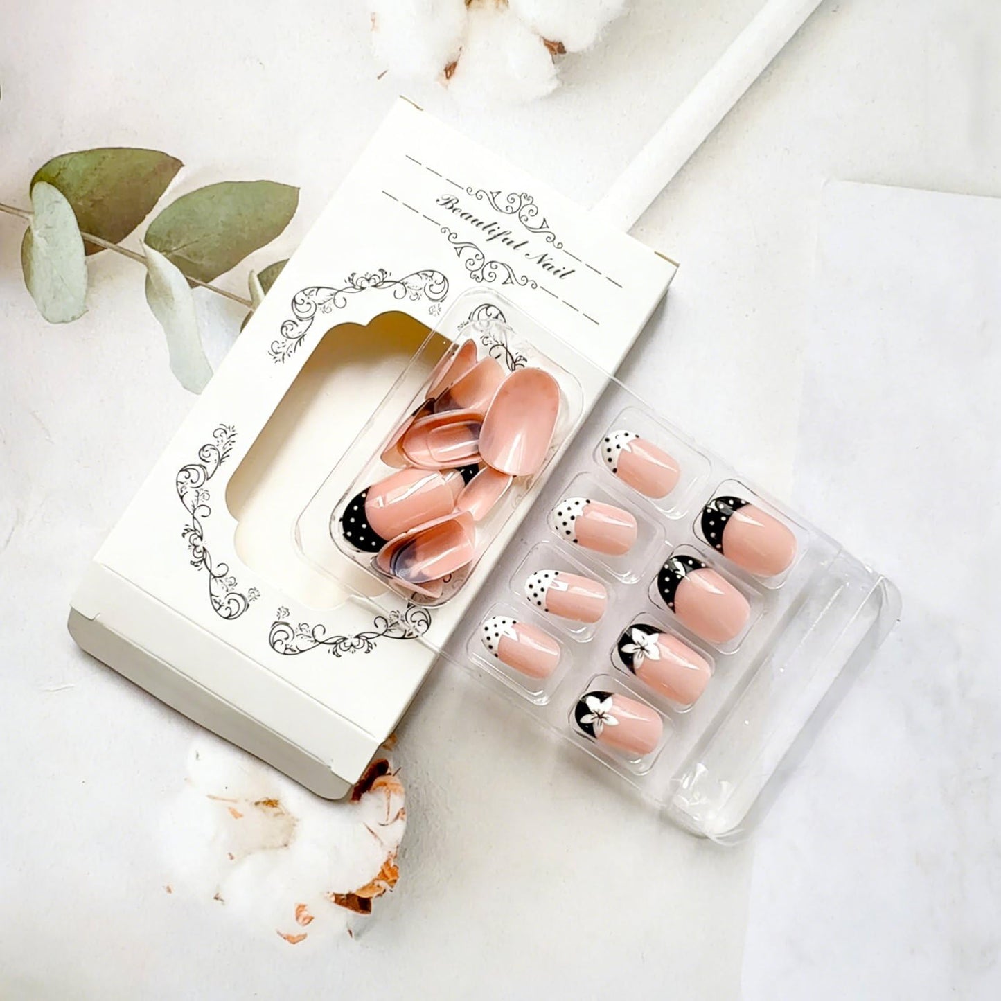 French Tip Press on Nails Short Almond Fake Nails with Flower Designs Spring Floral Full Cover Glue on Nails Polka Dot Flowers False Nails Black White Glossy Acrylic Stick on Nails for Women Manicure
