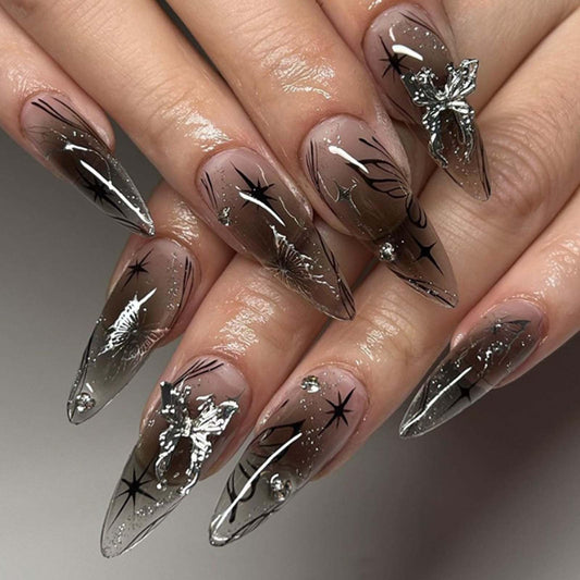 Gifiky Long Stiletto Press on Nails Gradient Fake Nails Full Cover Nails Tips Butterfly Crystal Gem Design False Nails for Women and Girls 24Pcs