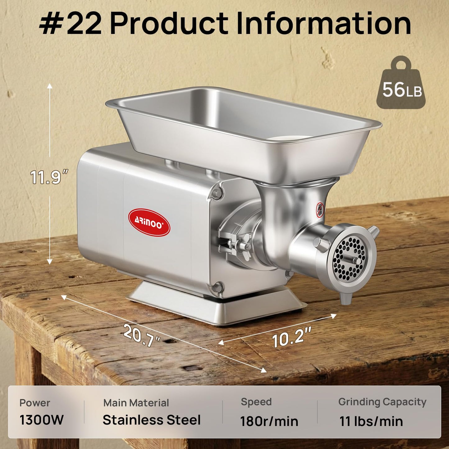 ARINOO Electric Meat Grinder, Grinds Chicken Bones, 1.7 HP Heavy Duty Stainless Steel Commercial #22 Meat Mincer Machine with 2 Plates, 2 Blades and 3 Sausage Tubes for Home Use, 11 Lbs/Min