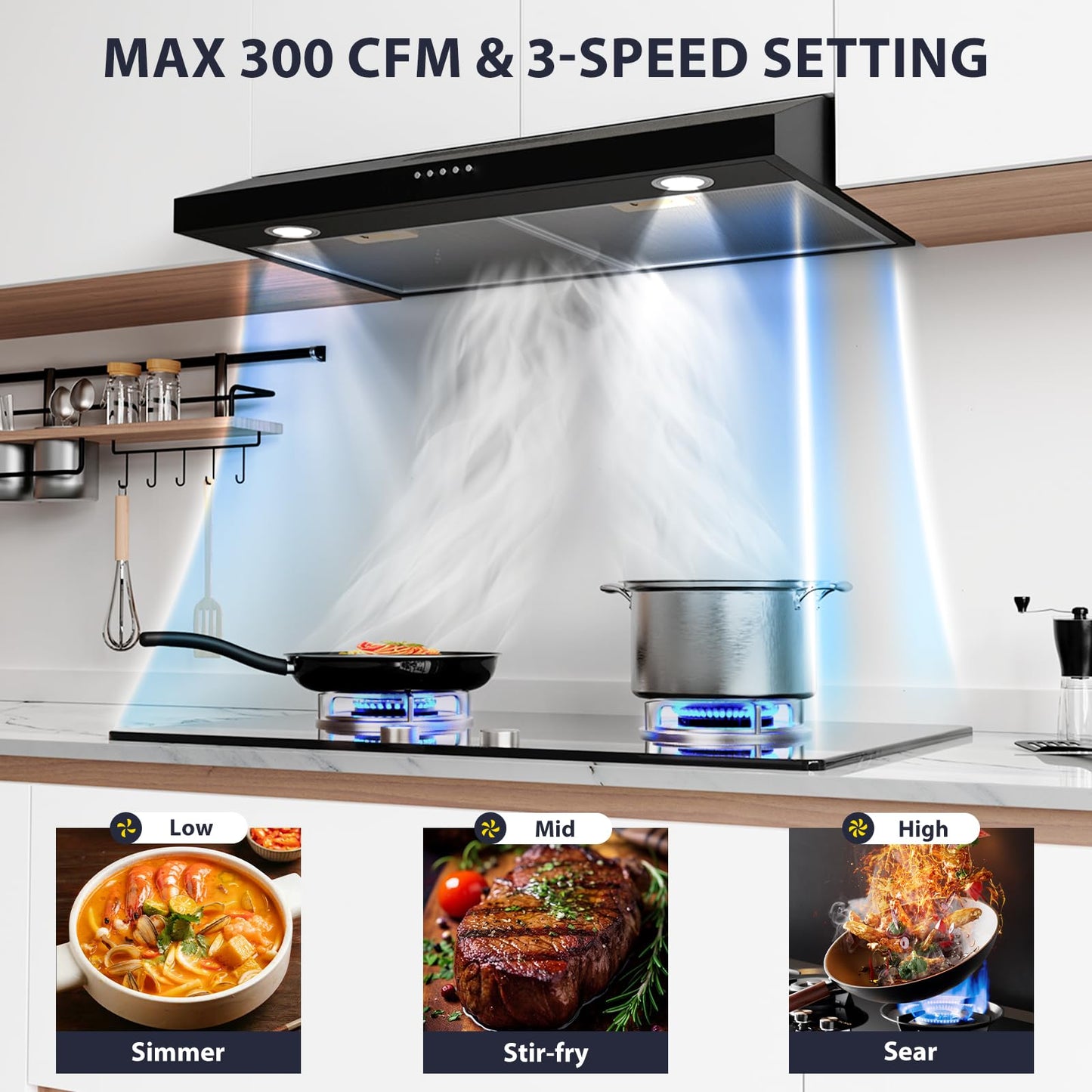Gveyajo 30 Inch Ultra Slim Under Cabinet Range Hood, 300 CFM Ducted/Ductless Kitchen Vent Hood, Plug-In Exhaust Fan with 3-Speed, LED Lights, Charcoal Filter, Easy Install, Quiet Operation
