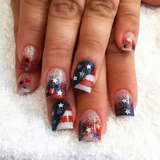 24Pcs Independence Day Press on Nails Short Square Fake Nails Glitter French Tip False Nails with Red Blue White Star Design 4th of July Artificial Stick on Nails Patriotic Glue on Nail for Women