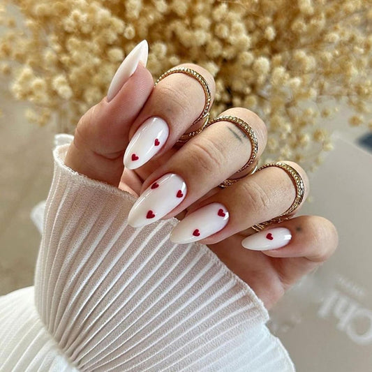 24Pcs Valentines Press on Nails Medium Almond Fake Nails Milky White False Nail Tip Kit with Red Heart Designs Cute Glue on Nails Full Cover Acrylic Stick on Nail for Women Girlfriend Gift