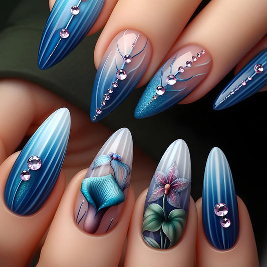 Blue Gradient French Tip Press on Nails Medium Flower Rhinestones Design Stripes False Nail Full Cover Glitter Stick on Nail Almond Tip Press Ons Manicure Glossy Reusable Glue on Nails for Women