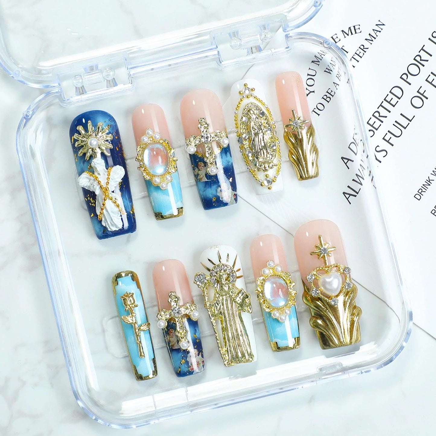 Handmade 3D Green-Pink-Gold Royal Retro Gem Square Press On Nails, Luxury Rhinestone Noble Style Artisan Nails Set, Reusable Glossy Press-ons with Tool Kit(S)