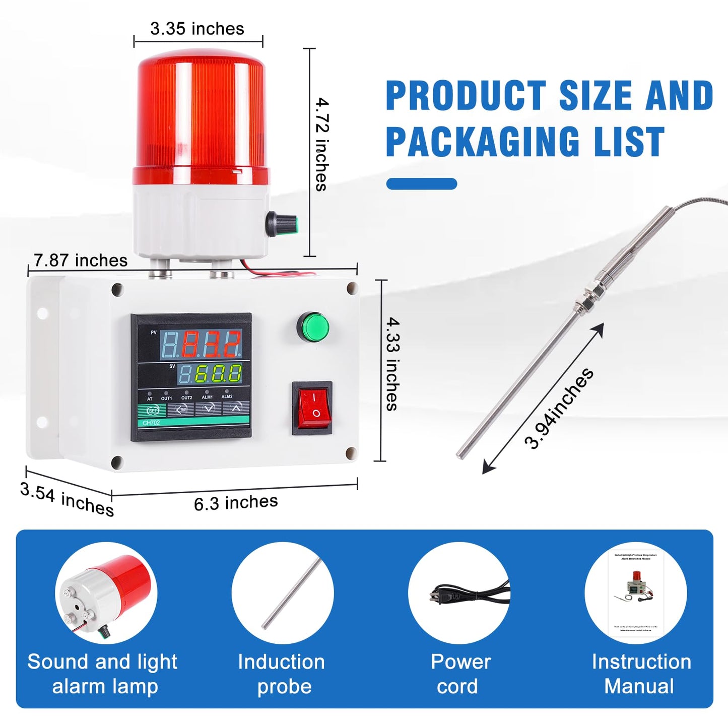 JIAWANSHUN High Precision Industrial Temperature Alarm, -326.2°F-1202°F ±0.18°F, Dual Limit Alarm with Self-Calibration, Audio Visual Alert for Hatchery, Greenhouse, Farm & Fish Pond