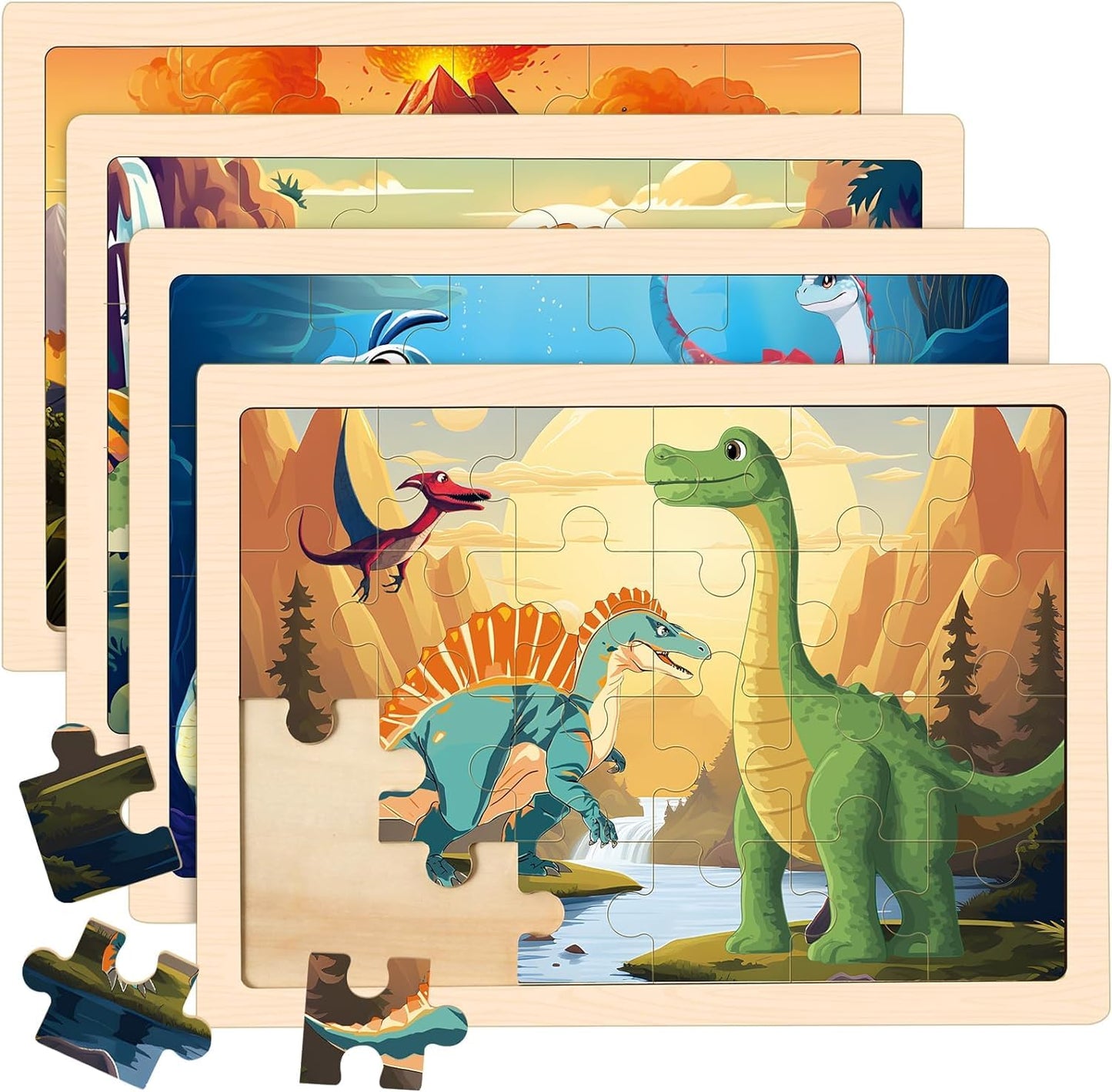 Puzzles for Kids Ages 4-6, 4 Packs Wooden Dinosaur Puzzles for Toddlers Ages 3-5, Preschool Educational Dino Puzzles Boards Toys Gifts for 3 4 5 6 Boys Girls