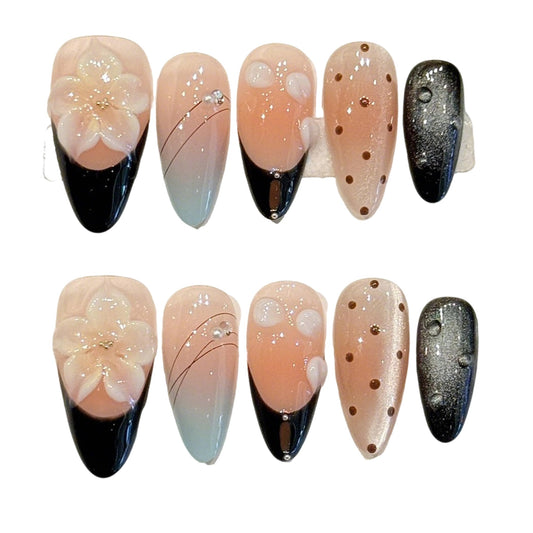 Handmade Press On Nails-3D Almond French Gradient Pink Polka Dot Carved Flower,Wedding Prom And Festival Gift,Thick Acrylic and Muti-Layer Gel Reusable False Nails (S)