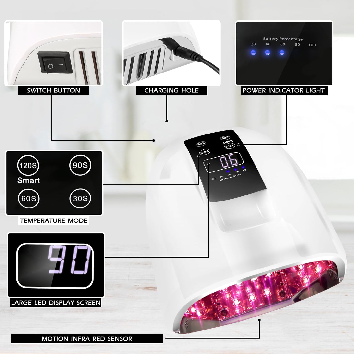 90W Professional Wireless Cordless Rechargeable UV LED Nail Lamp,Nail Lamp Gel Nail Curing Dryer Light for Nails with 45 Beads,4 Timer Setting LCD Display Nail Polish Machine (White)