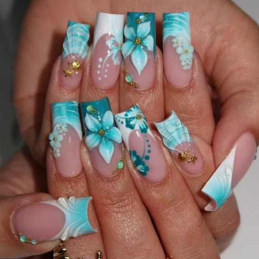 French Tips Press on Nails Medium Square Fake Nails with 5D Flower Charm Design Glossy Green Nails Press on Spring Summer Star Shell False Nail Reusable Ocean Glue on Nail for Women Manicure 24Pcs