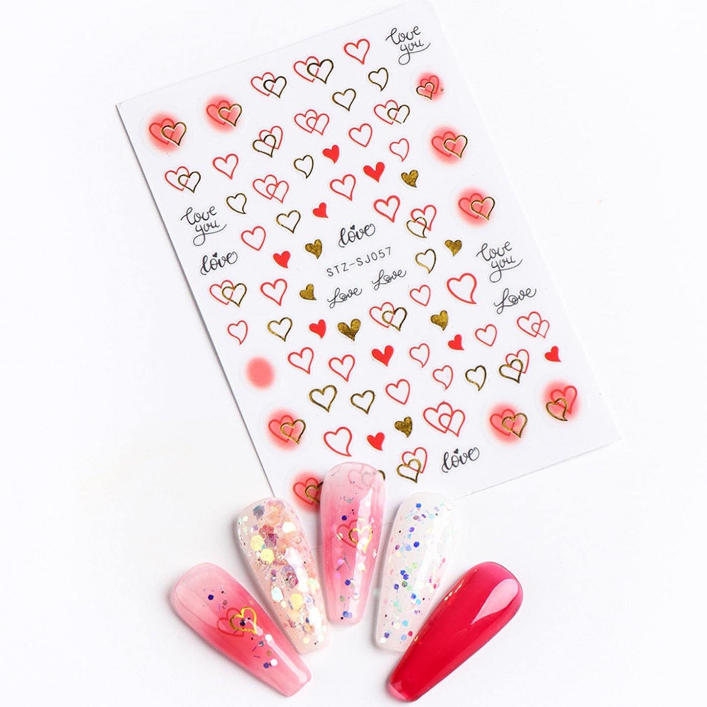 6pcs Valentine's Day Nail Art Stickers 3D Heart Shape Self-Adhesive Cute Bear White Red Pink Love Heart Design Nail Decals Gold Curve Design Nail Decals Suitable for Women Girls Nail Art Decoration