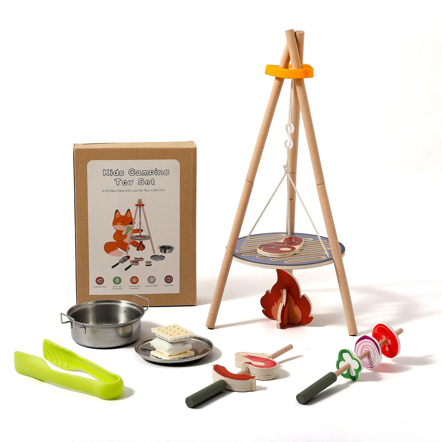 Wooden Kids Camping Toy Set, Campfire Cooking Play Set with Tripod Grill, S’Mores & Kebab Skewers, Montessori Pretend Camping Kitchen Gift for Toddlers Ages 3–6