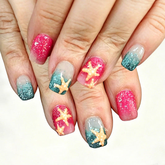 24Pcs Starfish Press on Nails Short Square Fake Nails with Gradient Glitter Designs Nails Press ons Red Green Artificial Nails Summer Stick on Nails for Women