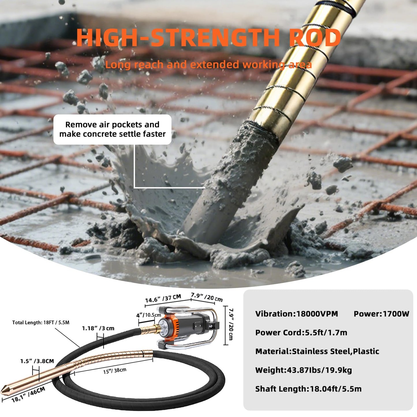 18FT Electric Vibrator Concrete Handheld,2HP 1700W 18000RPM Powerful Copper Motor Construction Insertion Cement Vibrator Remove Air Bubble,Mix Concrete with Flexible Shaft Long working area