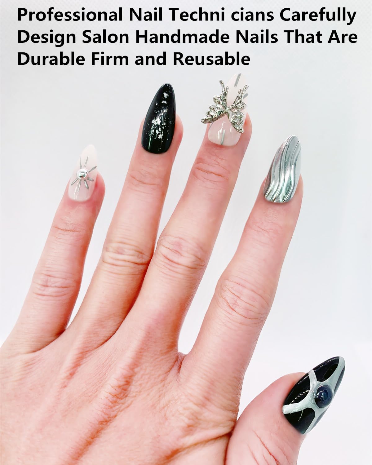 CAMILCY Handmade Nails Press on Almond Nail Pointed Green Gold Crystal Glitter Design Hand painted Reusable Gel UV Finished Pre shaped False Nails for Women 10pcs 3D Handmade Nails (A078, M)
