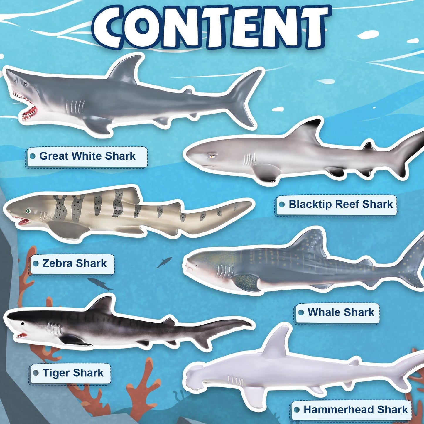 6 Pack Large Size Shark Toys(15-16 Inch) with Educational Booklet, Soft Plastic Figurines, Party Decoration, Under The Sea Creature Toy, Ocean Animal Figure for Kid Boy Girl Toddler, Cake Toppers