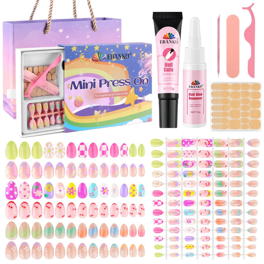 EBANKU 156 Pcs Press on Nail Kids Gift Box, 6 Pack French Flower Kid Flase Nails Kit with Nail Glue Set Fake Nail for Girls 5-10 Years Christmas Gift Set