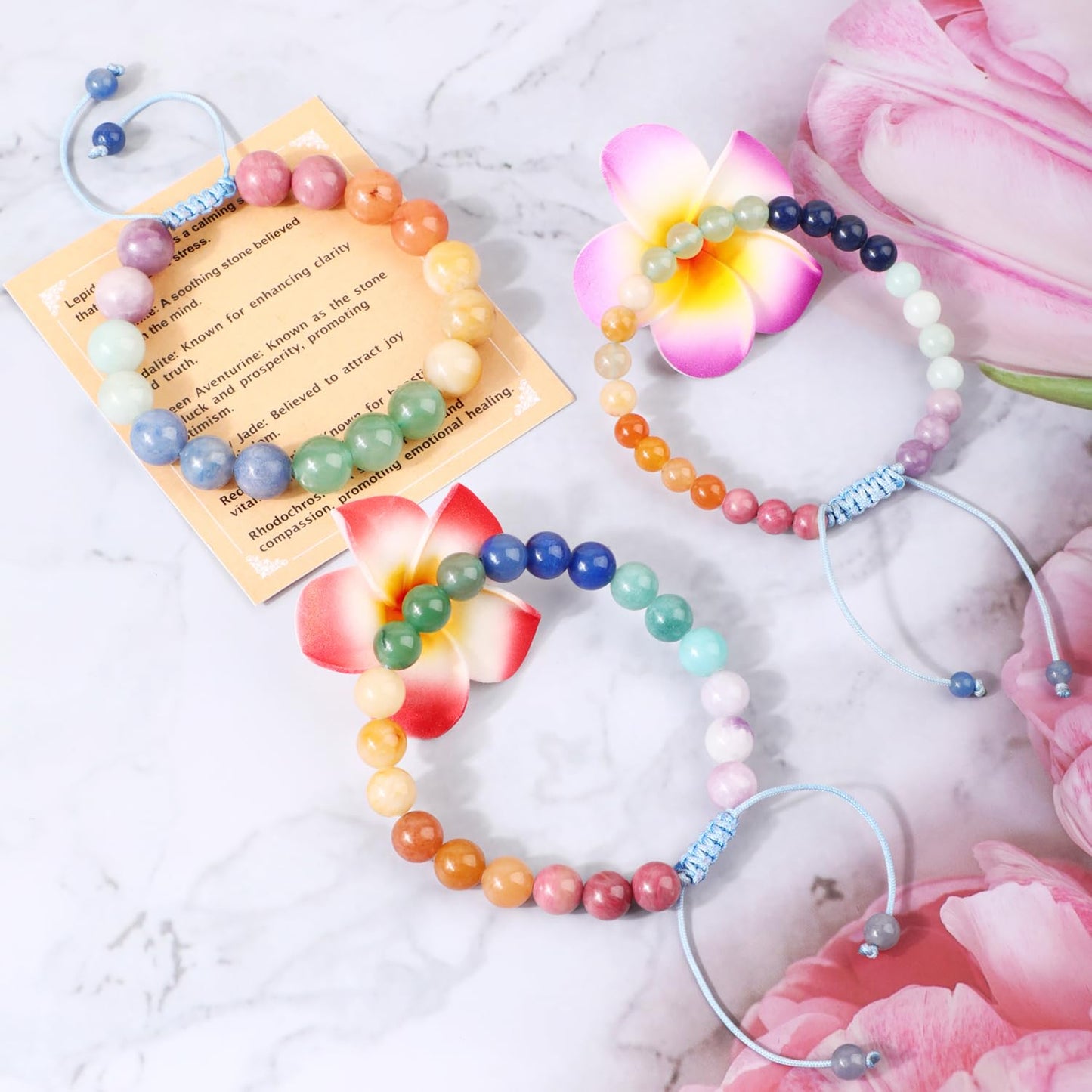 AD Beads 6mm Dopamine 7 Color - Happiness and Joy - Handmade Natural Stone Crystal Bracelet with Adjustable Macrame String - Yoga Healing Power Energy Gifts for Men and Women