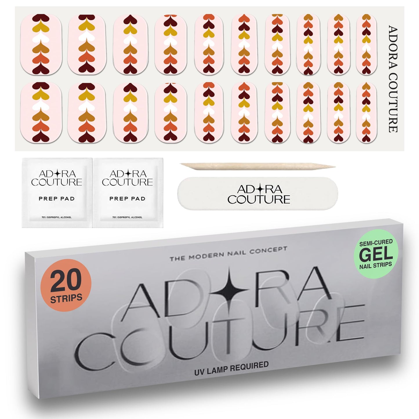 Adora Couture Semi Cured Gel Nail Strips with 20 Pieces, Salon Quality Wraps for Women, Beautiful Earthy Tones with Accent Hearts UV Gel Stickers, UV Light Required, Harvest Hearts