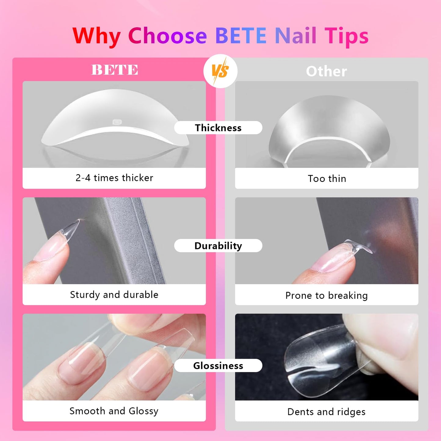 BETE Long Stiletto Clear Acrylic Nail Tips–544Pcs 16 Sizes with Half Sizes, Tipex Instant Apex Full Cover False Nails, Pre-Shaped Strong Thick Press On Nails for Home & DIY Manicure