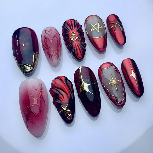 24Pcs Red Press on Nails Medium Almond French Tip Fake Nails with 3D Star Bow Gilding Design Gothic False Nails Full Cover Artificial Glue on Nails Goth Handmade Stick on Nails for Women DIY Manicure