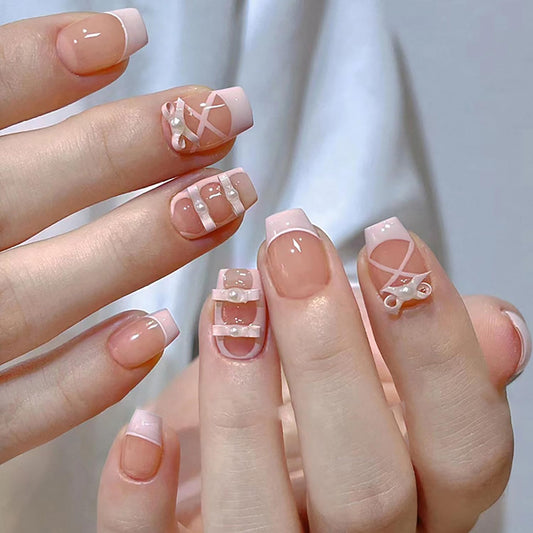 FIEONCIY Press on Nails Short Square Shaped Glossy Full Cover Square French False Nails with Designs Artificial Short Square Fake Nails with Charms Glue Stick ons Fingernails for Women Girls(D771)