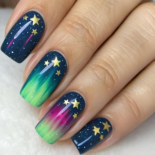 Star Press on Nails Medium Square Fake Nails Gradient Aurora False Nails Press ons with Starry Dots Design Reusable Artificial Nail Full Cover Glossy Stick on Nails for Women Manicure 24Pcs