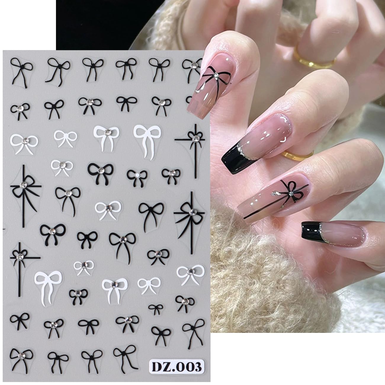 4Sheets Bow Nail Stickers for Nail Art Set, Bow 3D Nail Art Sticker Self-Adhesive Black White Red Bow Shiny Clear Diamond Nail Designs Cute Bow Decals for Women Girls Bow-Knot Manicure Decorations
