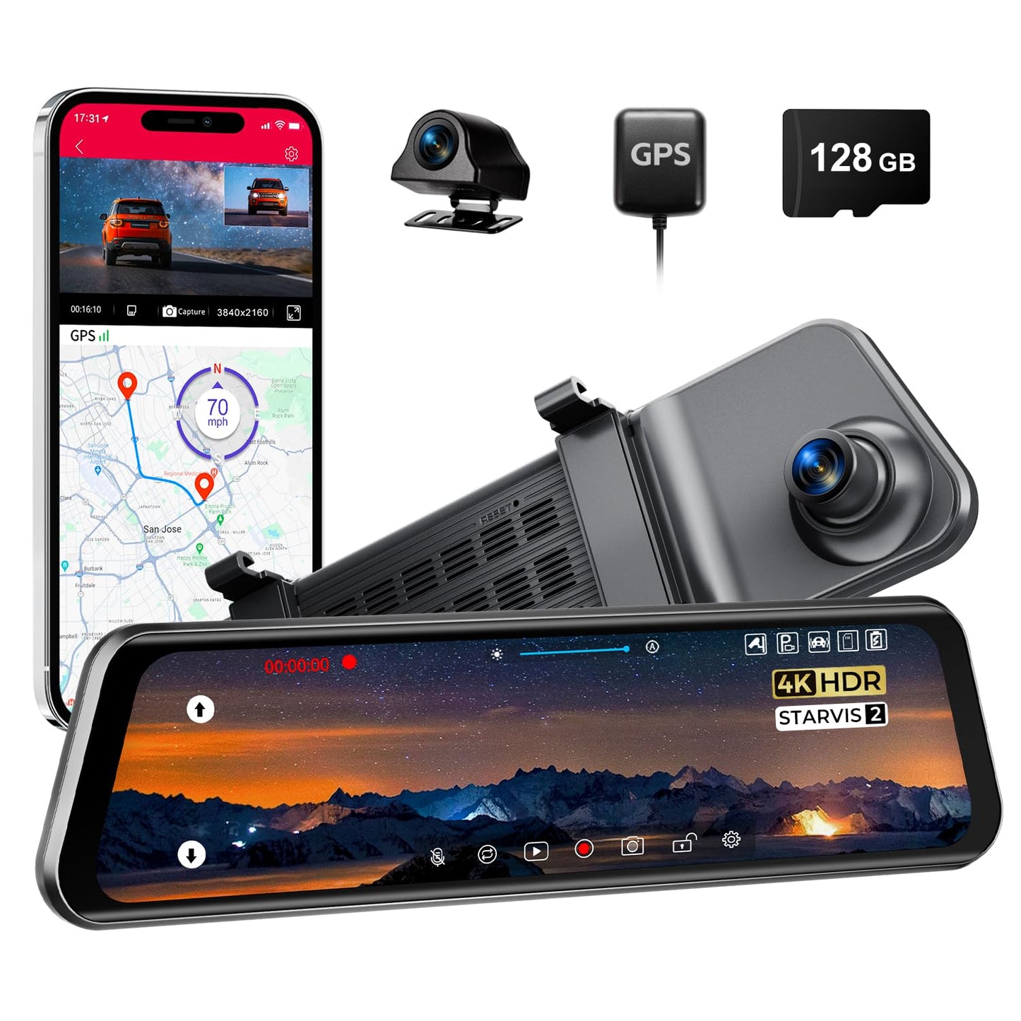 LD4K Max Mirror Dash Cam with 4K Front and 2.5K Rear Camera, STARVIS 2 Sensor, with ADAS BSD LCA Smart Mode, GPS, G-Sensor, Loop Recording, Parking Monitor, Voice Control, 5.8GHz WiFi,128GB Card