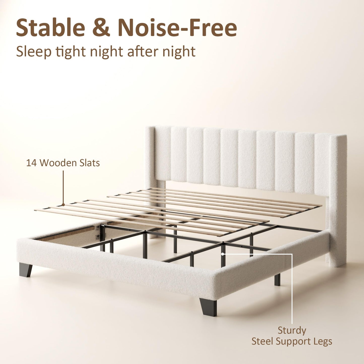 wirpexhowak King Bed Frame with Headboard Upholstered Platform Bed Frame with Teddy Velvet Headboard, Wooden Slats Support/Wing Edge Design/No Box Spring Needed/Easy Assembly, Beige King