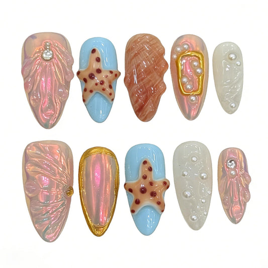 Handmade Press On Nails-3D Almond Cute Ummer Island Style ，Wedding Prom And Festival Traving Gift ，Thick Acrylic and Muti-Layer Gel Reusable False Nails (L)