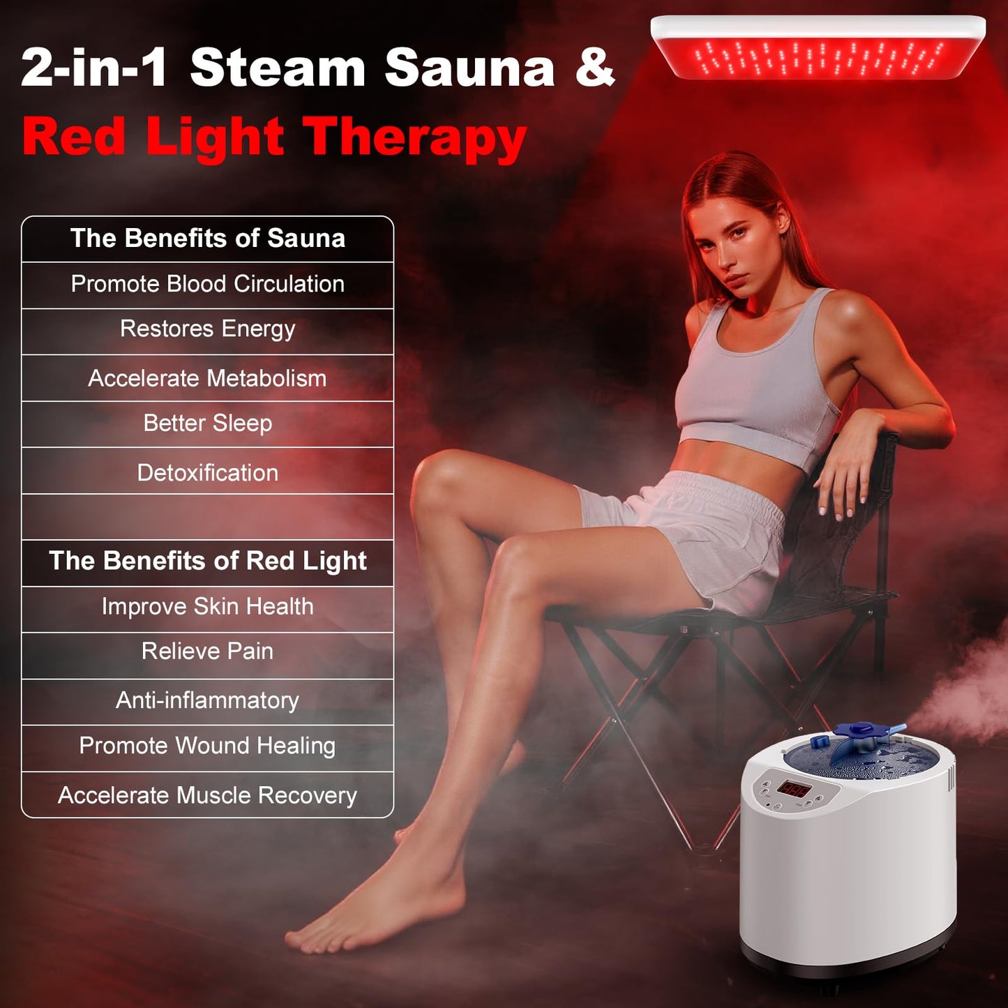 XL Infrared Sauna Box with True 660 & 850nm Red Light Therapy Lamp, Portable Red Light Sauna for Home, Full Body Steam Tent with 3L 1200w Steamer, 15 Levels Heat, Chair, Remote