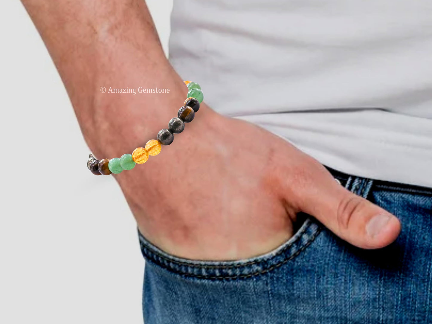 Amazing Gemstone Money Success Pyrite Bracelet - Citrine Quartz, Green Aventurine, Tiger Eye Protection Healing Crystal Bracelet - Gemstone Beaded Stretchable Bracelet Pulseras Para Hombres Mujer
