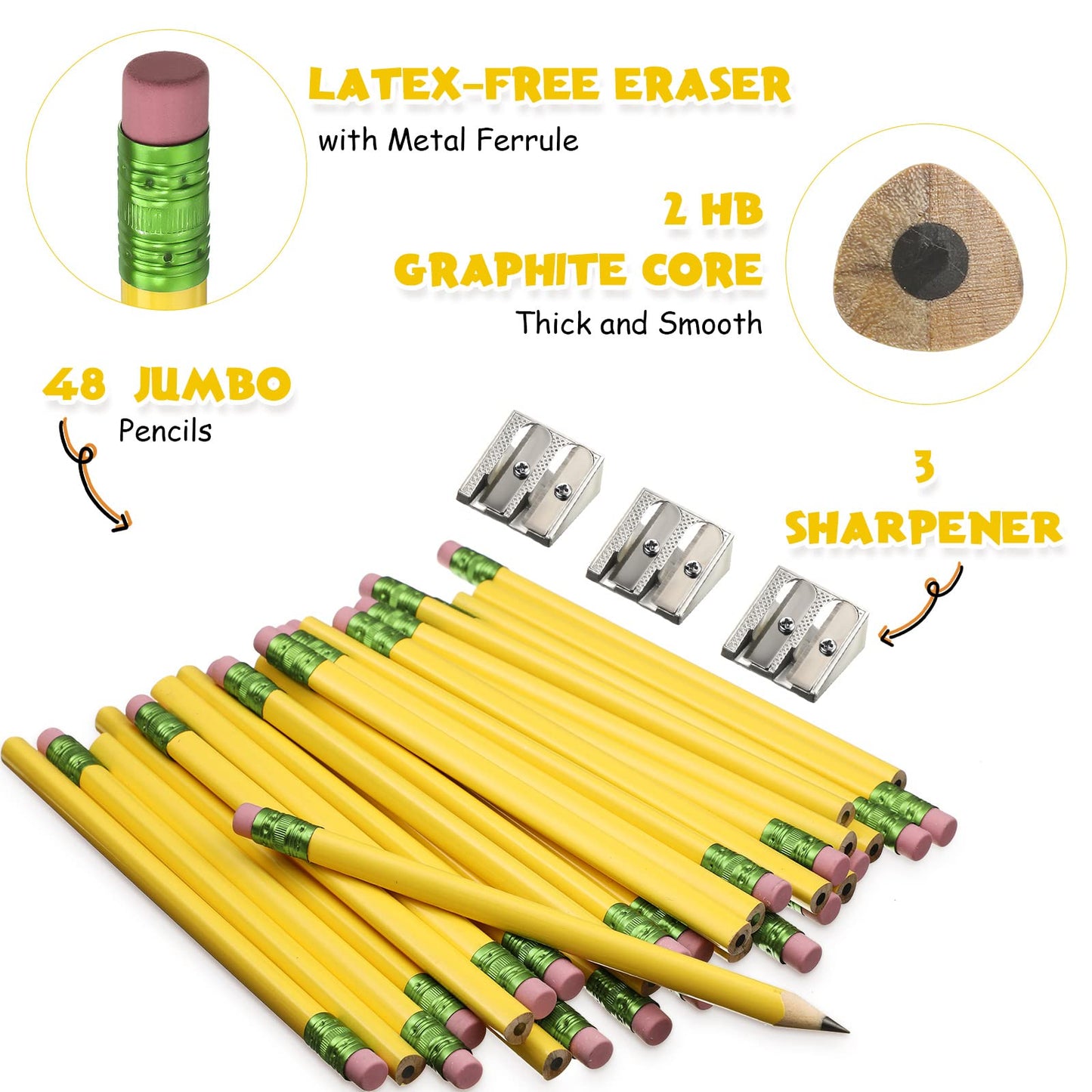 Fainne 48 Pcs Fat Pencils Jumbo Big Thick Large Pencils and 3 Pieces Sharpeners for Kids Beginners Preschoolers Kindergarten School Office Supplies(Yellow+Green,Triangle)