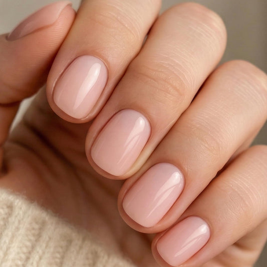 UNA GELLA Short Round Press on Nails - 32Pcs 16 Sizes Oval Nude Pink Fake Nails, Glossy Reusable Glue on Nails for Women, Durable Natural False Nails Kit for Small or Wide Nail Beds