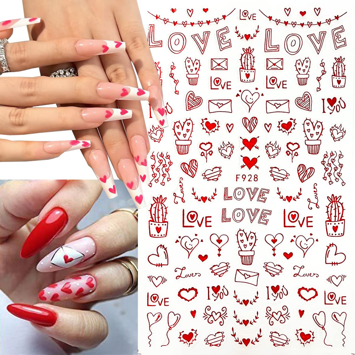 8 Sheets Heart Nail Art Stickers - Love Hearts Nail Decals for Women 3D Self Adhesive Valentine’s Day Nail Art Supplies Laser Red Heart Glitter Designs for Valentine’s Romantic DIY Manicure Decoration
