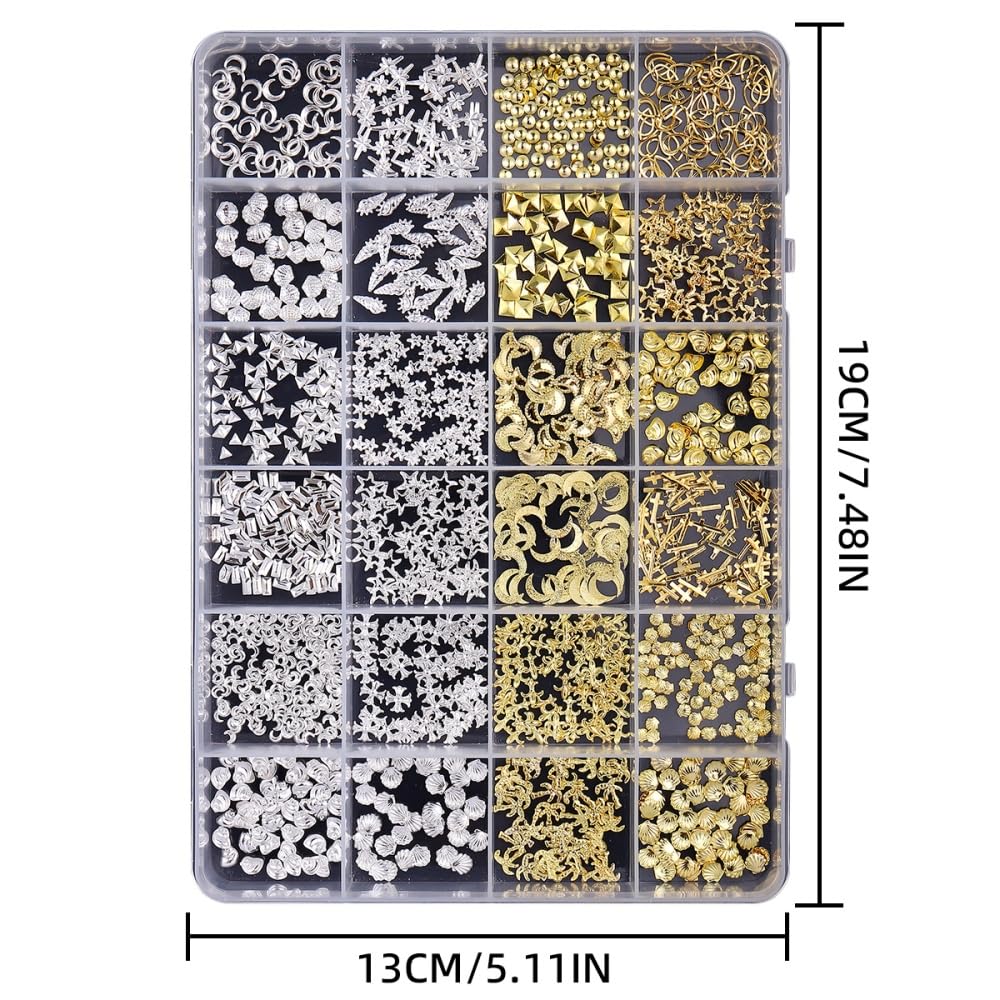 Gold Silver Nail Charms 3D Alloy Flower Nail Gems Metal Moon Star Nail Jewels Multi-Shapes Ocean Beach Starfish Seashell Nail Art Supplies with Tweezer for Women DIY Acrylic Nail 24 Grids 1 Box