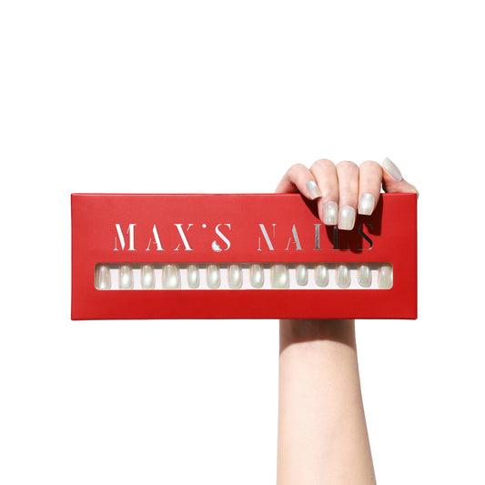Max’s Chrome & Cat Eye Square Press-On Nails | 30-Piece Nail Kit including Both Adhesive Tab & Nail Glue (Oyster Pearl, Small) [ Size Runs Small, Buy One Size Larger ]
