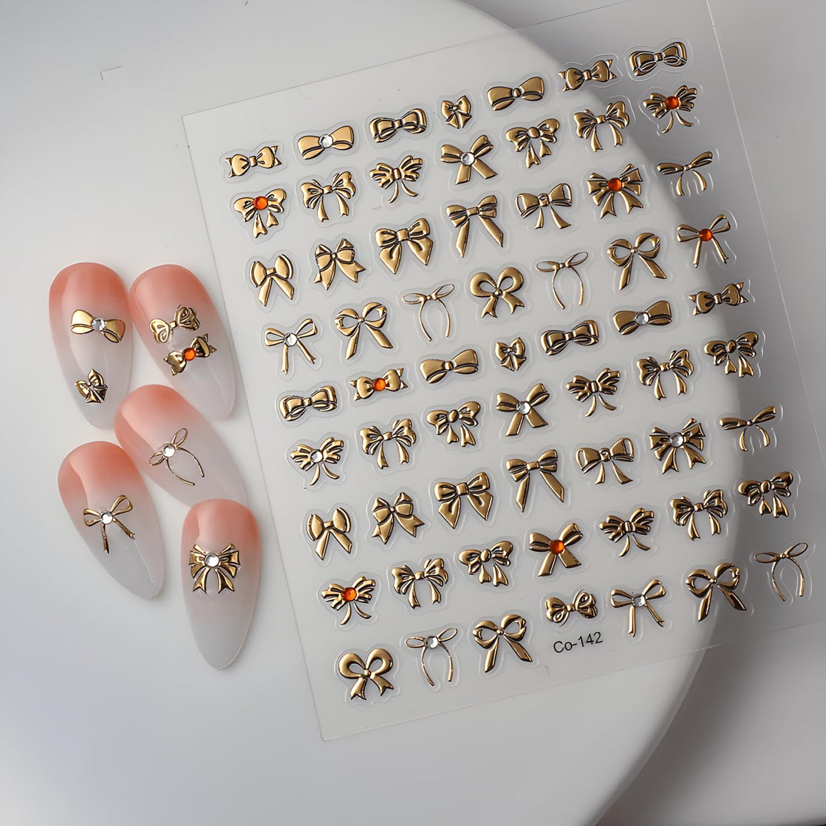Gold Bow Nail Art Stickers Decals 5D Embossed Nail Decals Bow Nail Stickers with Rhinestone Design Gold Nails Art Supplies Decoration Accessories for Women and Girls
